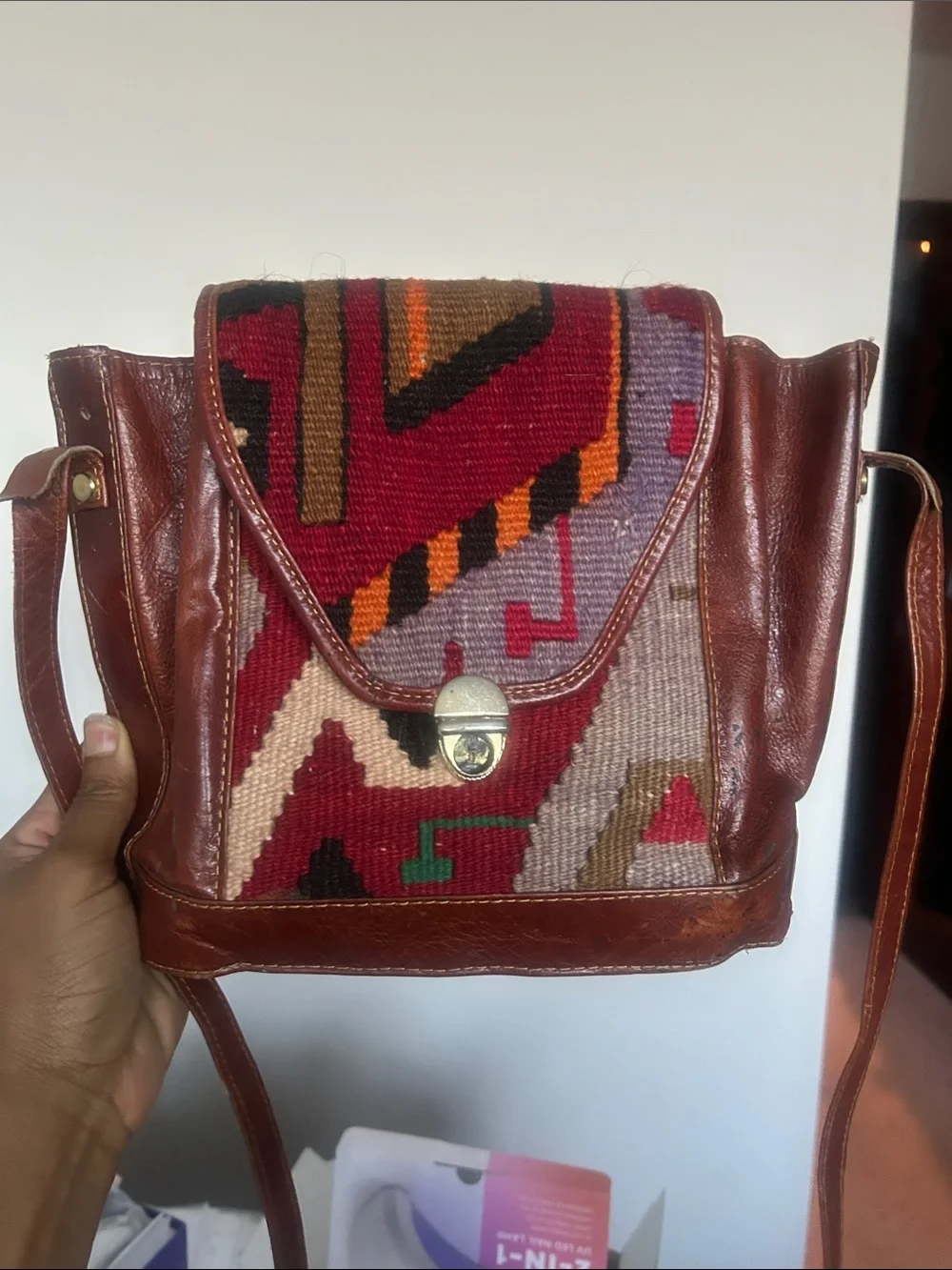 Handwoven Red Patterned Leather Crossbody Bag